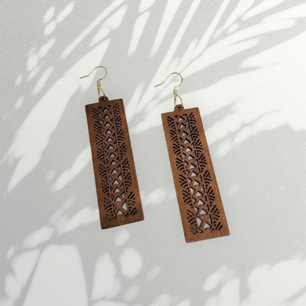 Boho Chic Wood Carved Dangle Earrings Drop Chandelier Laser Cutout Native Scale